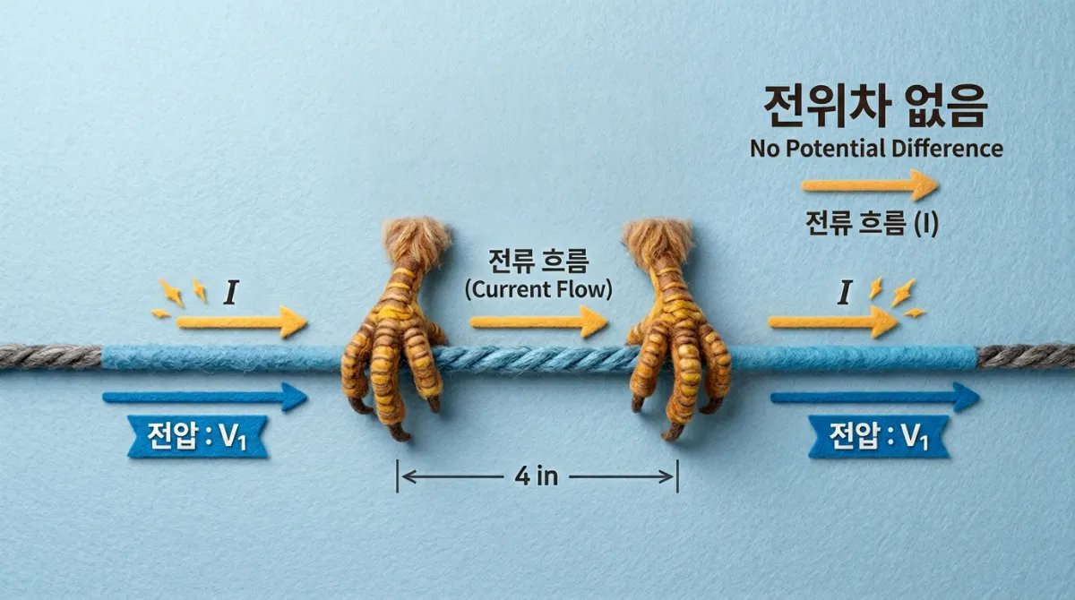 새의 두 발이 같은 전선에 닿았을 때 전위차가 없음을 보여주는 니들 펠트 스타일 과학 다이어그램