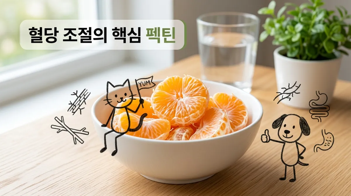 흰 그릇에 담긴 귤 조각 실사 사진에 그릇 가장자리에 앉은 스틱 캣과 엄지척하는 스틱 독이 그려진 믹스드 아트, '혈당 조절의 핵심 펙틴' 한글 텍스트