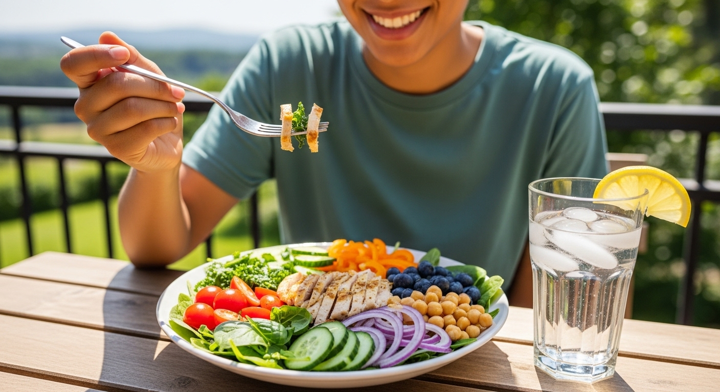 신선한 채소와 과일, 단백질이 풍부한 건강한 식단을 섭취하며 면역력을 강화하는 모습