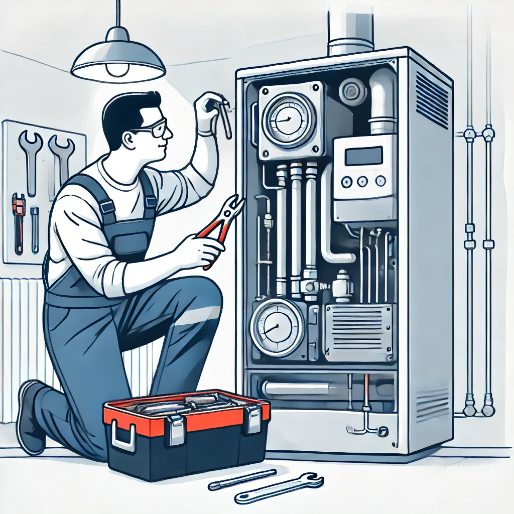 보일러 기사가 보일러를 점검하고 있다.