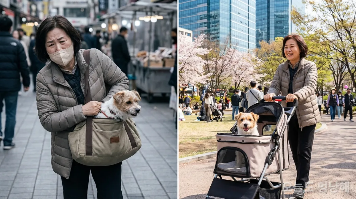 반려동물 유모차 사용의 편리함과 이동의 자유를 보여주는 대비 이미지