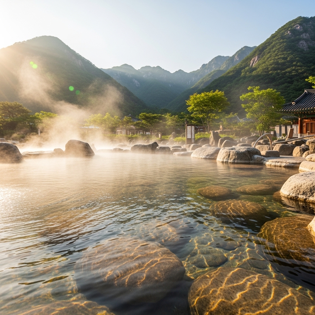 설악산을 배경으로 따뜻한 수증기가 피어오르는 척산온천 야외 노천탕의 평화로운 전경. 실리카 성분이 풍부한 약알칼리성 온천수를 통해 심신을 치유하는 공간을 표현.
