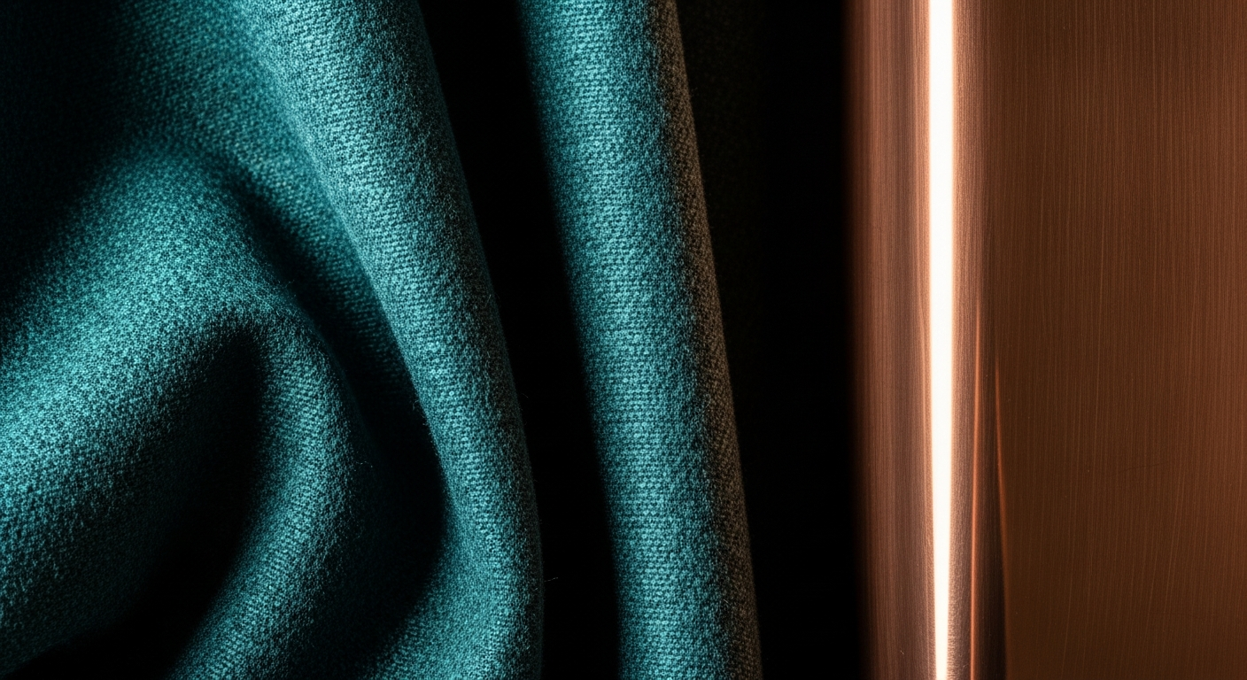 원단 질감을 보여주는 디테일 샷. '트랜스포머티브 틸' 색상의 벨벳이나 울 원단이 메탈릭한 구리색 액세서리 옆에 드레이프 되어 있음. 높은 대비, 색의 깊이감을 보여주는 예술적인 구도.