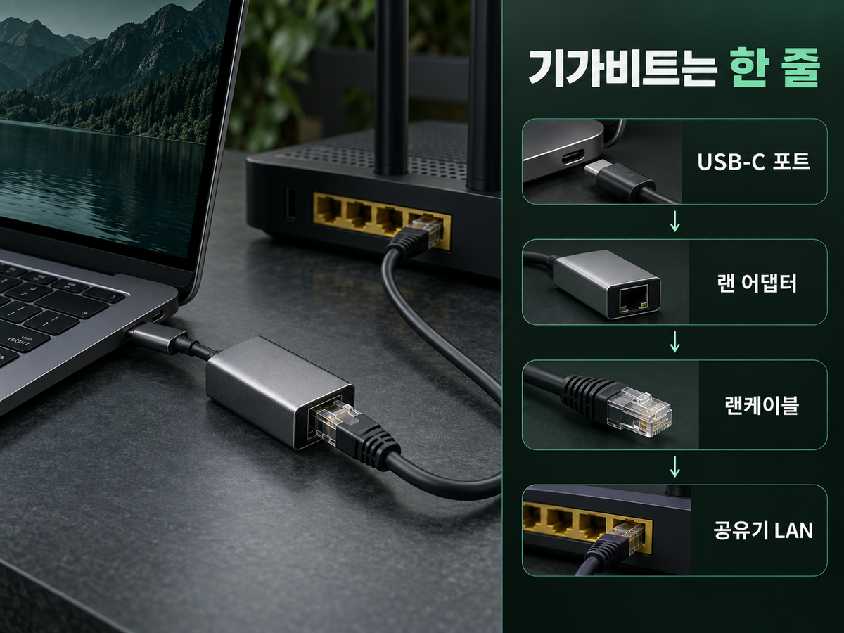 USB-C 포트·랜 어댑터·랜케이블·공유기 LAN이 모두 기가비트 조건을 갖춰야 함을 보여주는 연결 구조
