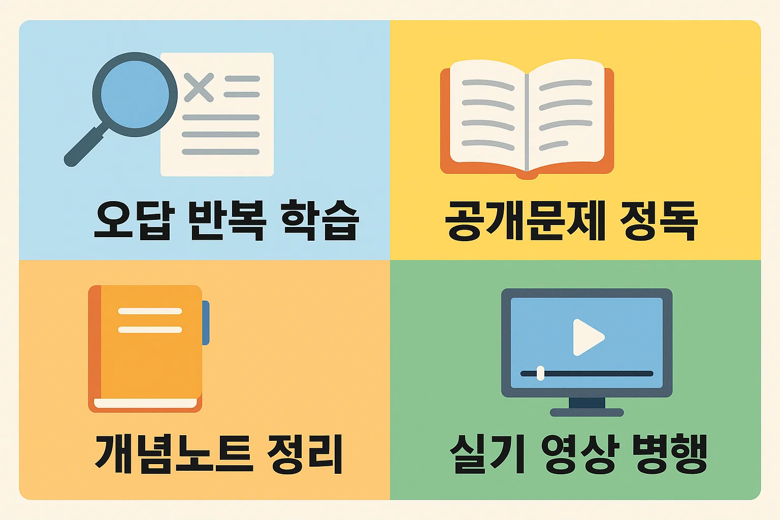 오답 반복 학습, 공개문제 정독, 개념노트 정리, 실기 영상 병행 등 단기간에 합격 가능성을 높이는 실전 학습 루틴을 정리한 인포그래픽