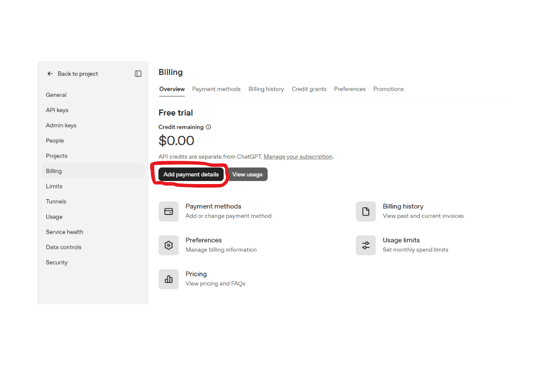 OpenAI API 결제 수단 등록 및 Billing 화면