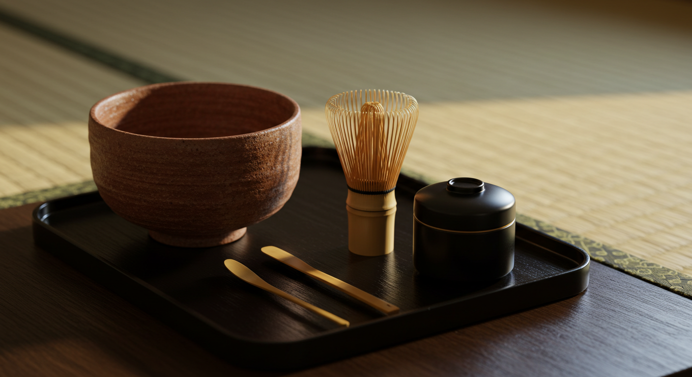 정갈하게 놓인 차완, 차센, 차샤쿠, 나쓰메