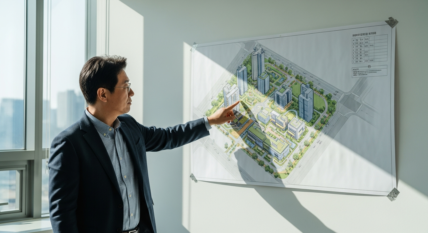 현대적인 사무실에서 정장 차림의 중년 한국 남성이 벽에 걸린 미래형 도시 지구의 상세 건축 청사진을 손가락으로 가리키고 있는 자연스러운 모습. 창문을 통해 들어오는 자연광. 전문적인 분위기, 청사진과 남성의 손에 초점.
