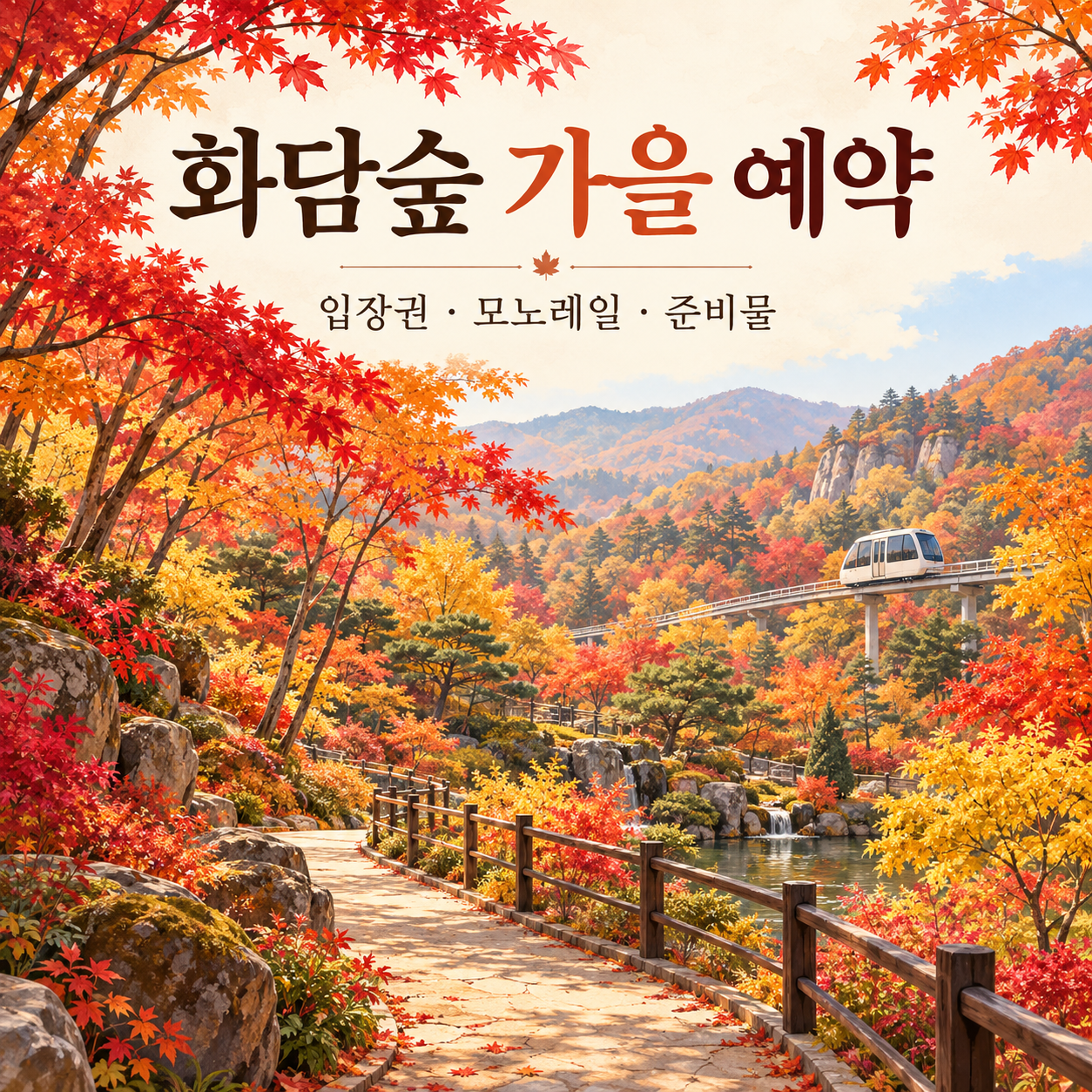 붉고 노란 가을 숲의 산책로와 작은 모노레일을 표현한 여행 준비 일러스트