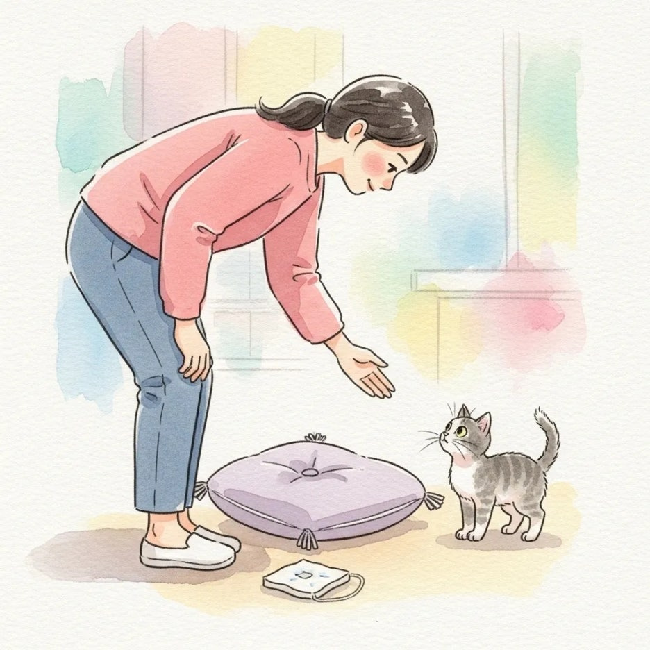 살짝 놀란 고양이를 사람이 부드럽게 달래는 모습