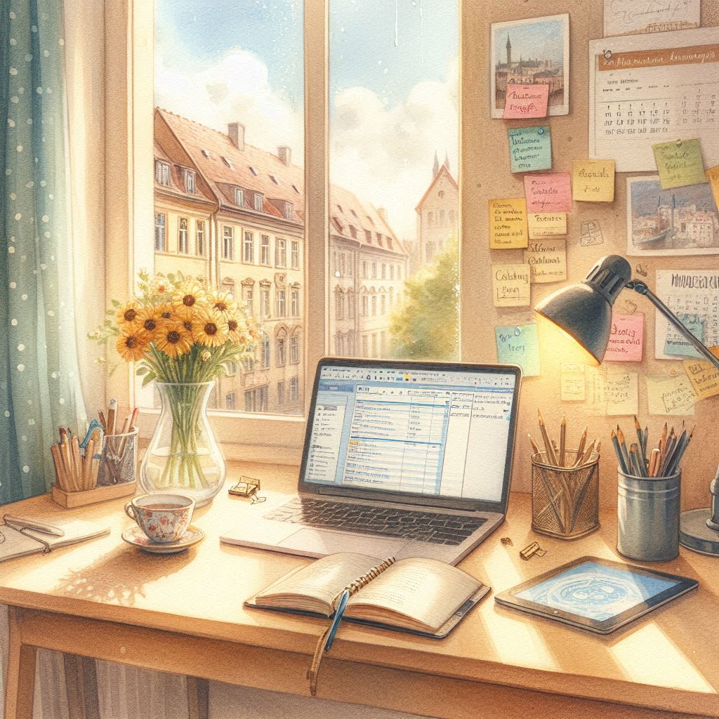 유럽 학생의 AI 학습 루틴을 표현한 수채화 스타일의 정물화