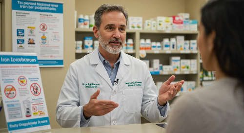 철분제 복용시 주의할점을 안내 중인 약사 (과다 복용 금지, 약물과 함께 복욕 금지 등)