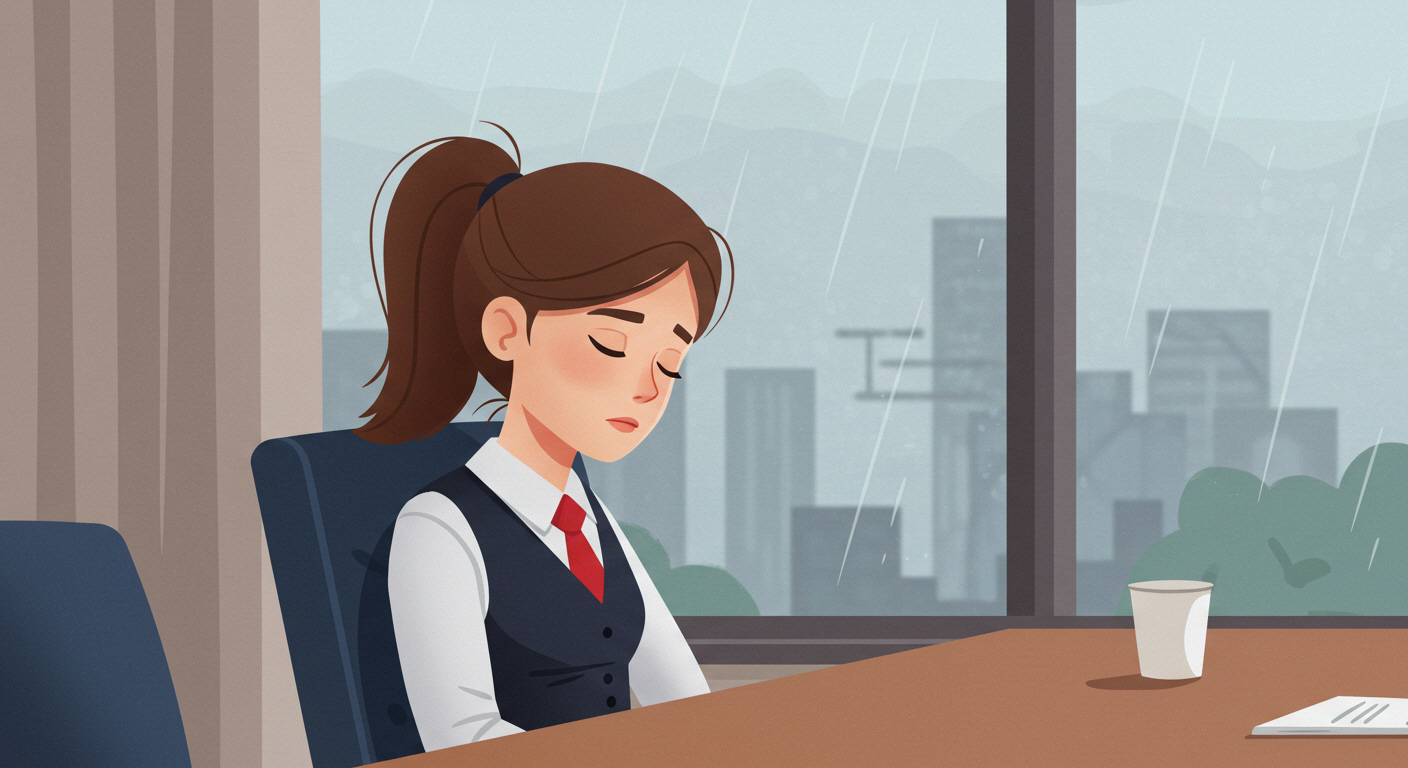 비가 오는 날 졸고 있는 직장인의 모습