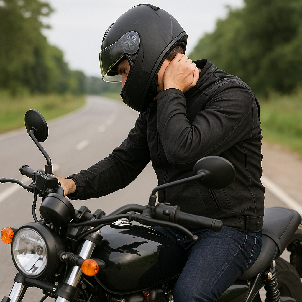 목 통증을 느끼는 오토바이 라이더