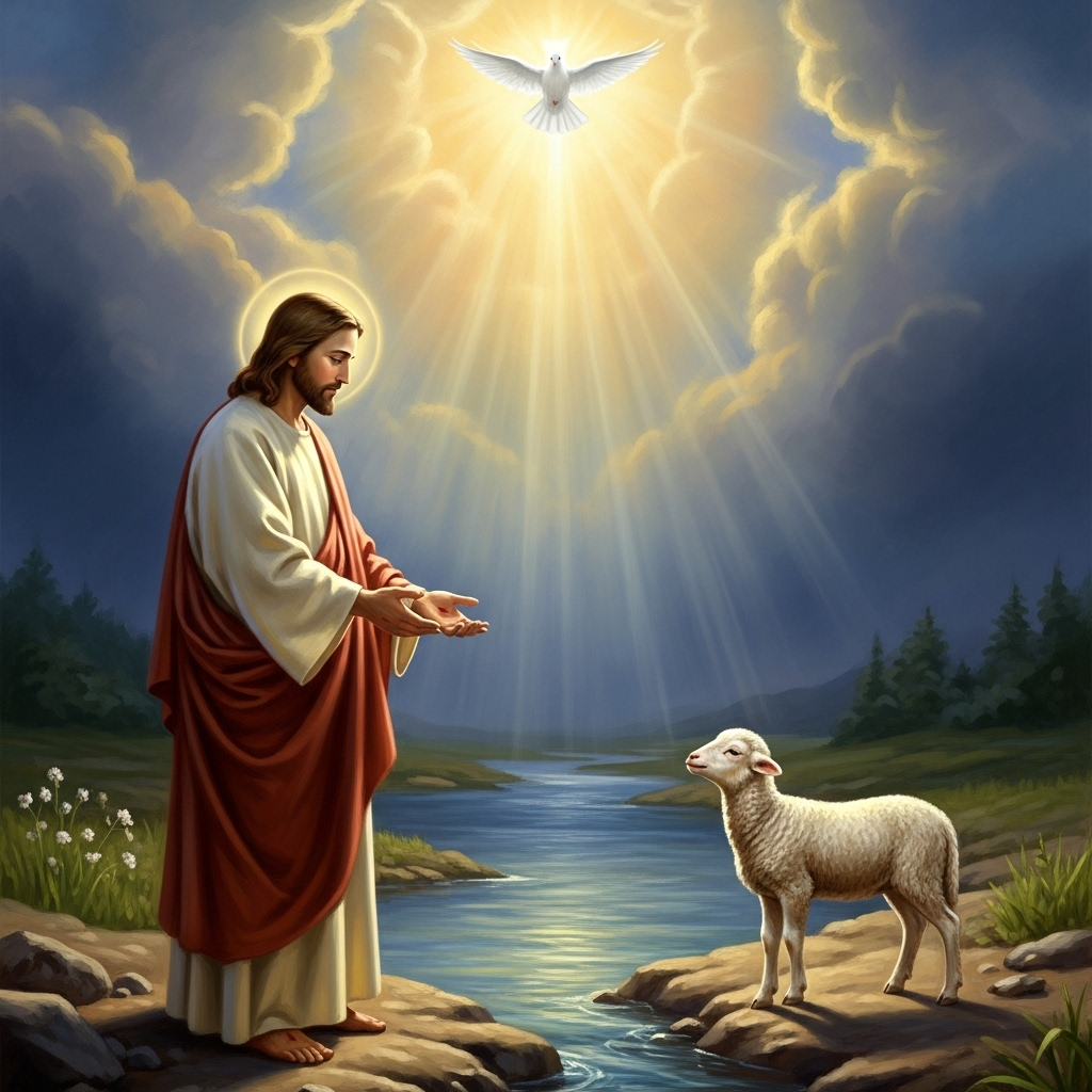 예수님과 하느님의 어린양 그리고 성령 비둘기가 그려진 가톨릭 복음 묵상 이미지