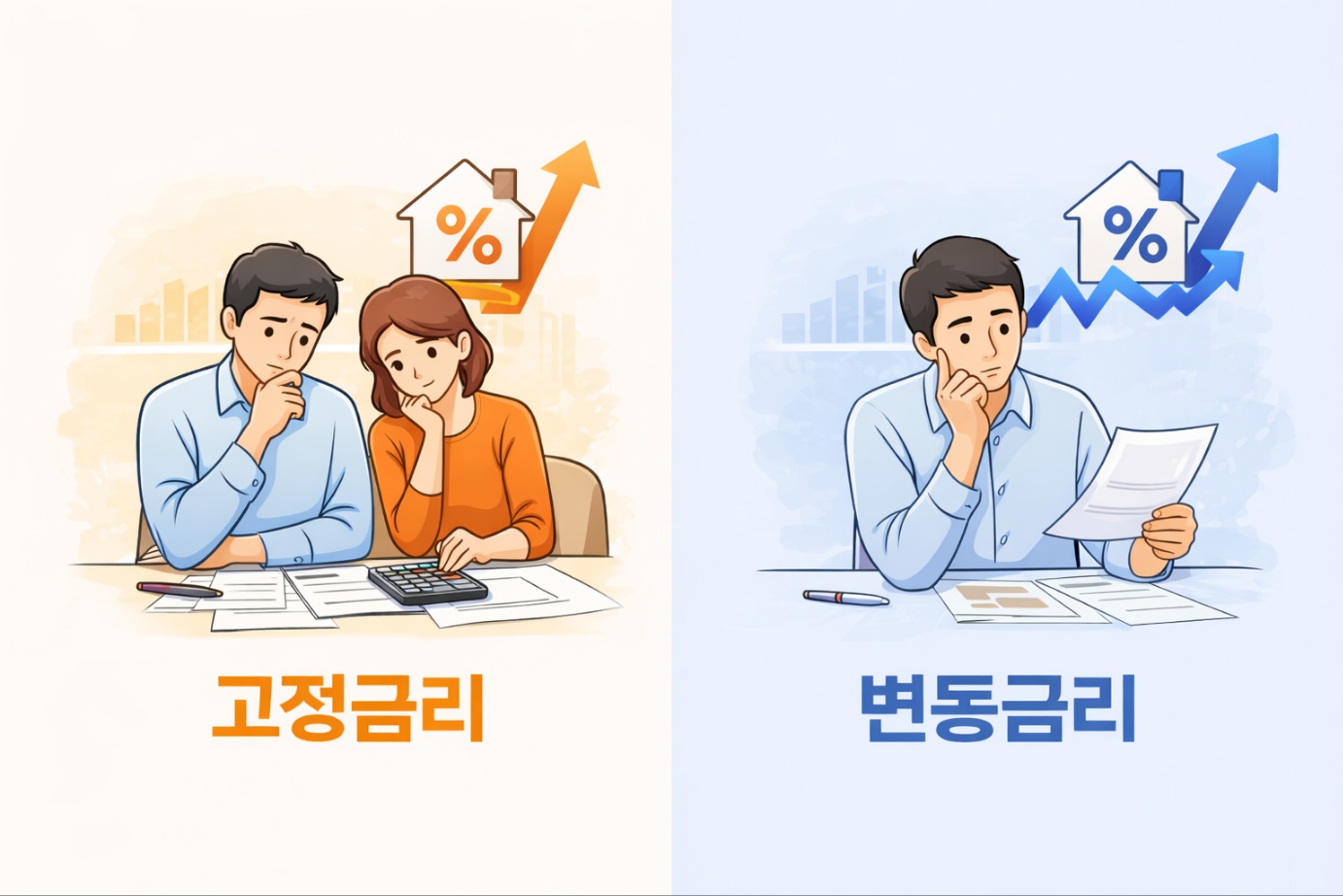 대출 금리를 고민하는 남녀의 일러스트. 왼쪽에는 부부가 계산기와 서류를 보며 고정금리를 고민하고, 오른쪽에는 남성이 문서를 보며 변동금리를 검토하는 모습이 그려져 있다. 각 장면 위에는 각각의 금리 그래프 아이콘이 떠 있다.