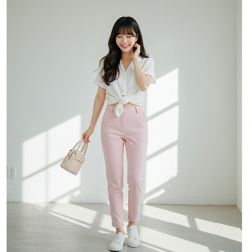 활짝 핀 벚꽃 앞에서 연한 핑크색 하이웨스트 슬랙스와 깨끗한 흰색 블라우스를 입고 포즈를 취하고 있는 여성의 모습입니다. 흰색 스니커즈를 신어 활동성을 더하고, 작은 검정색 핸드백으로 시크한 포인트를 주었습니다.