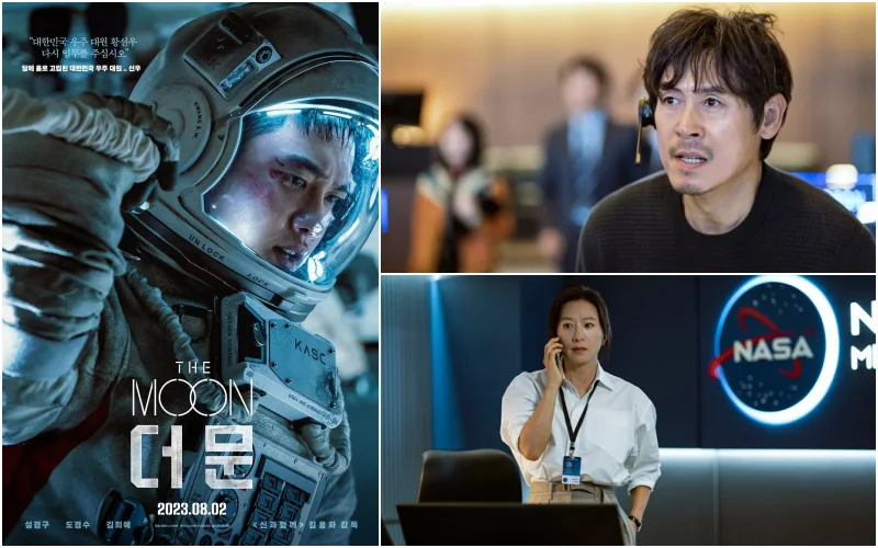 우주복을 입고 있는 주인공과 주연 배우들이 등장하는 영화 더 문