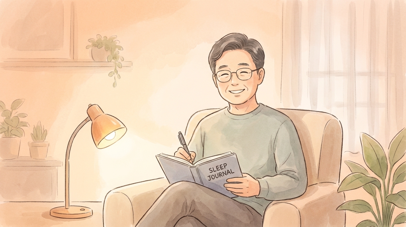노트에 수면 기록을 적는 50대의 저녁 시간