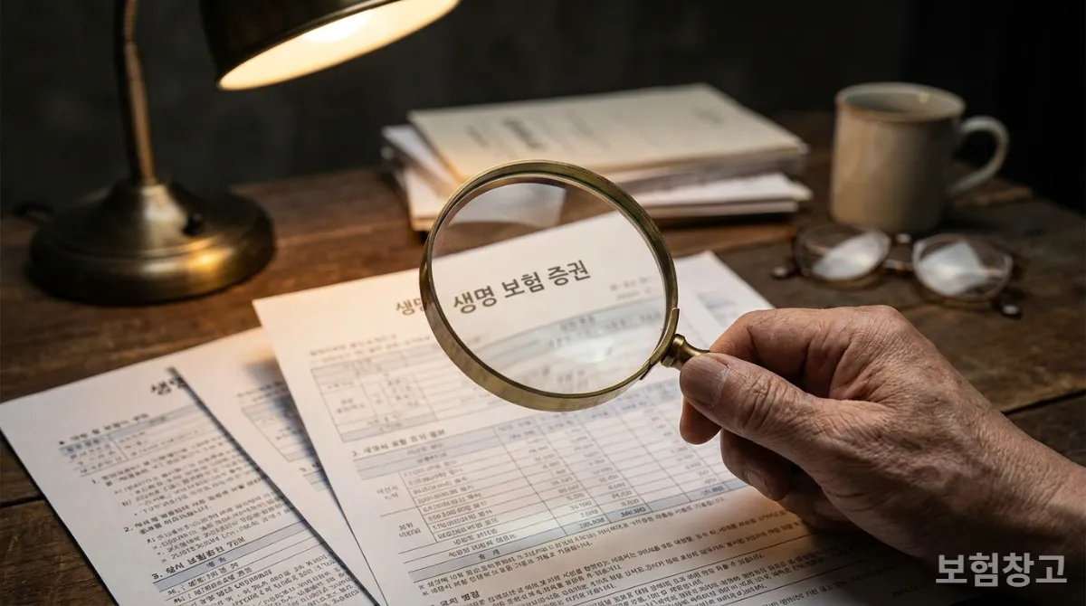 돋보기로 보험 약관을 자세히 살펴보는 손