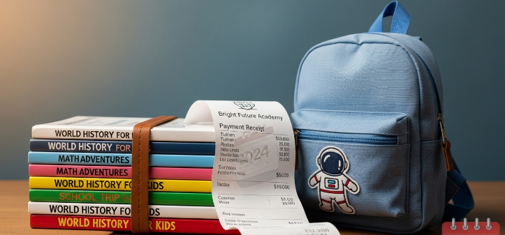 아이의 책가방과 학원비 영수증이 놓인 모습. 취학 전 아동 교육비 공제를 암시.