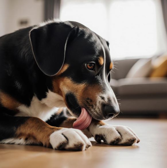 강아지가 자연스럽게 앞발을 핥고 있는 모습