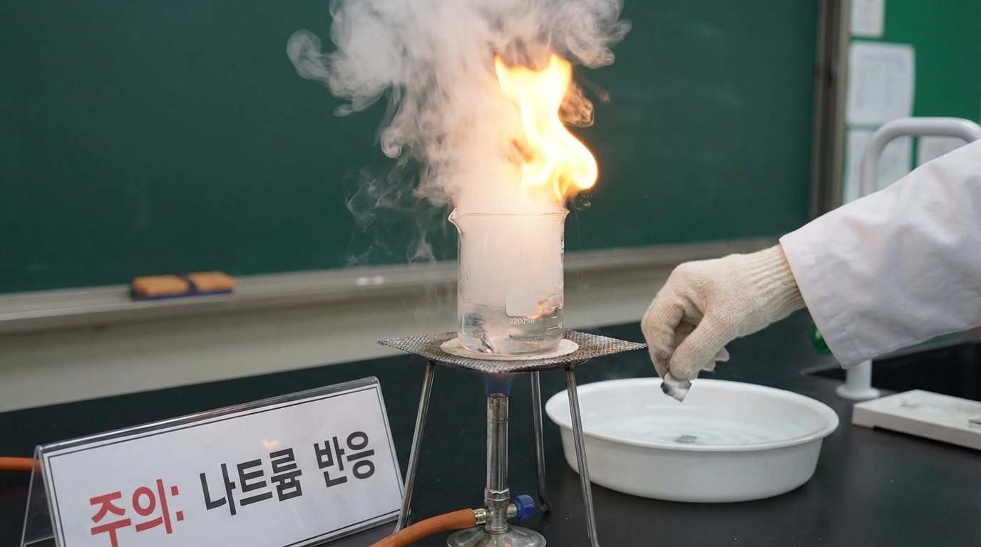 물과 반응하여 강력한 열과 가스를 내뿜는 나트륨 화학 반응 모습