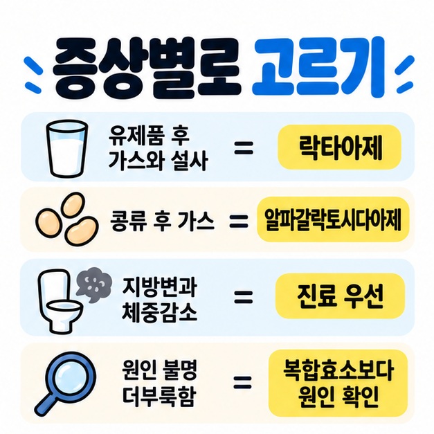 유제품 후 불편에는 락타아제, 콩류 후 가스에는 알파갈락토시다아제를 증상별로 구분한 카드