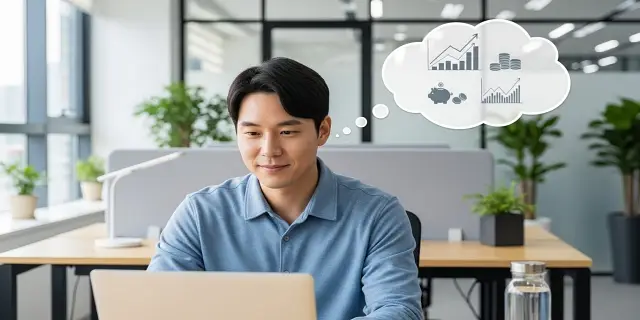 30대 직장인이 노트북으로 일하며 재테크를 고민하는 모습