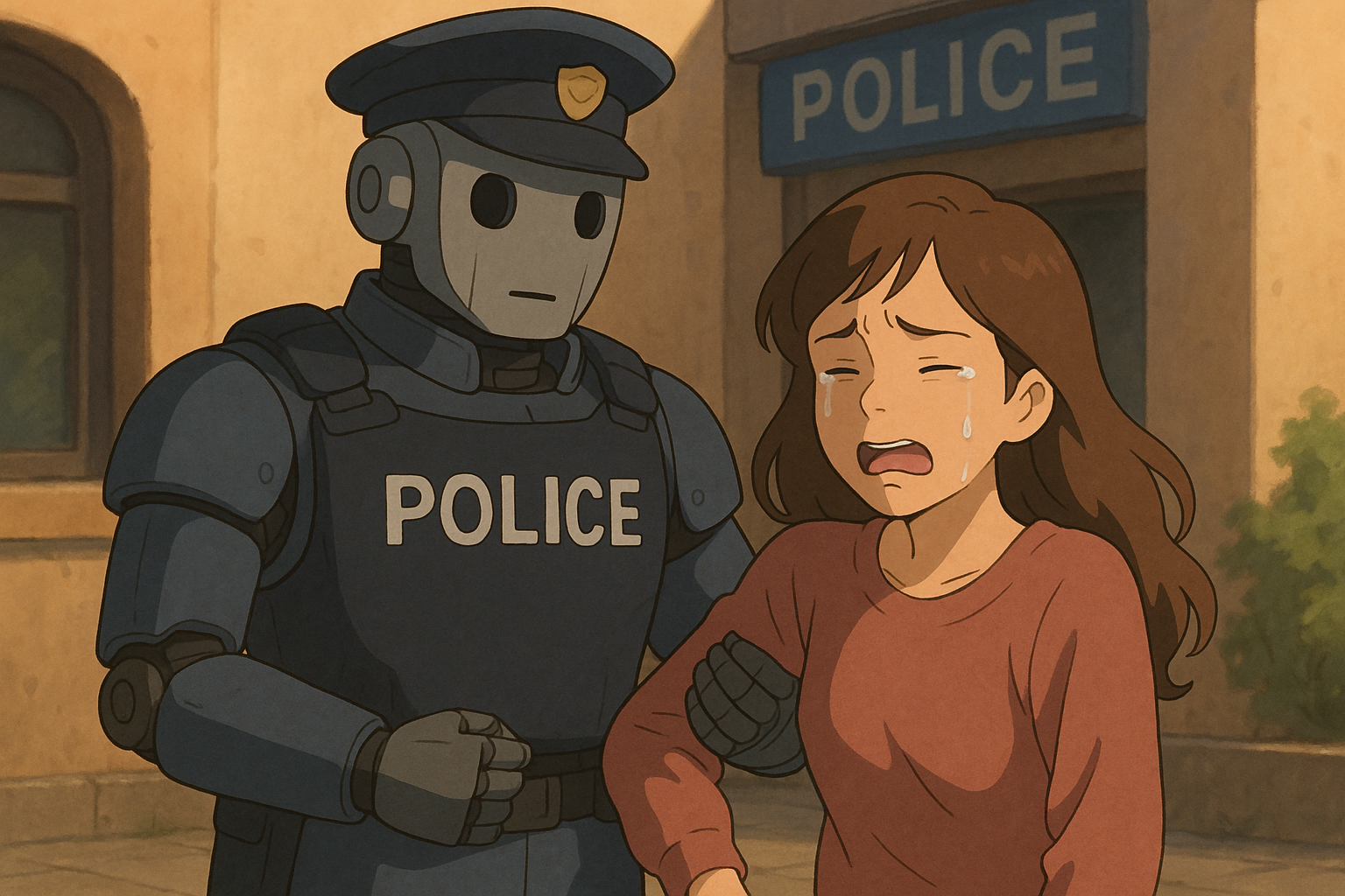 무표정한 AI 경찰이 눈물 흘리는 여성을 체포하는 장면