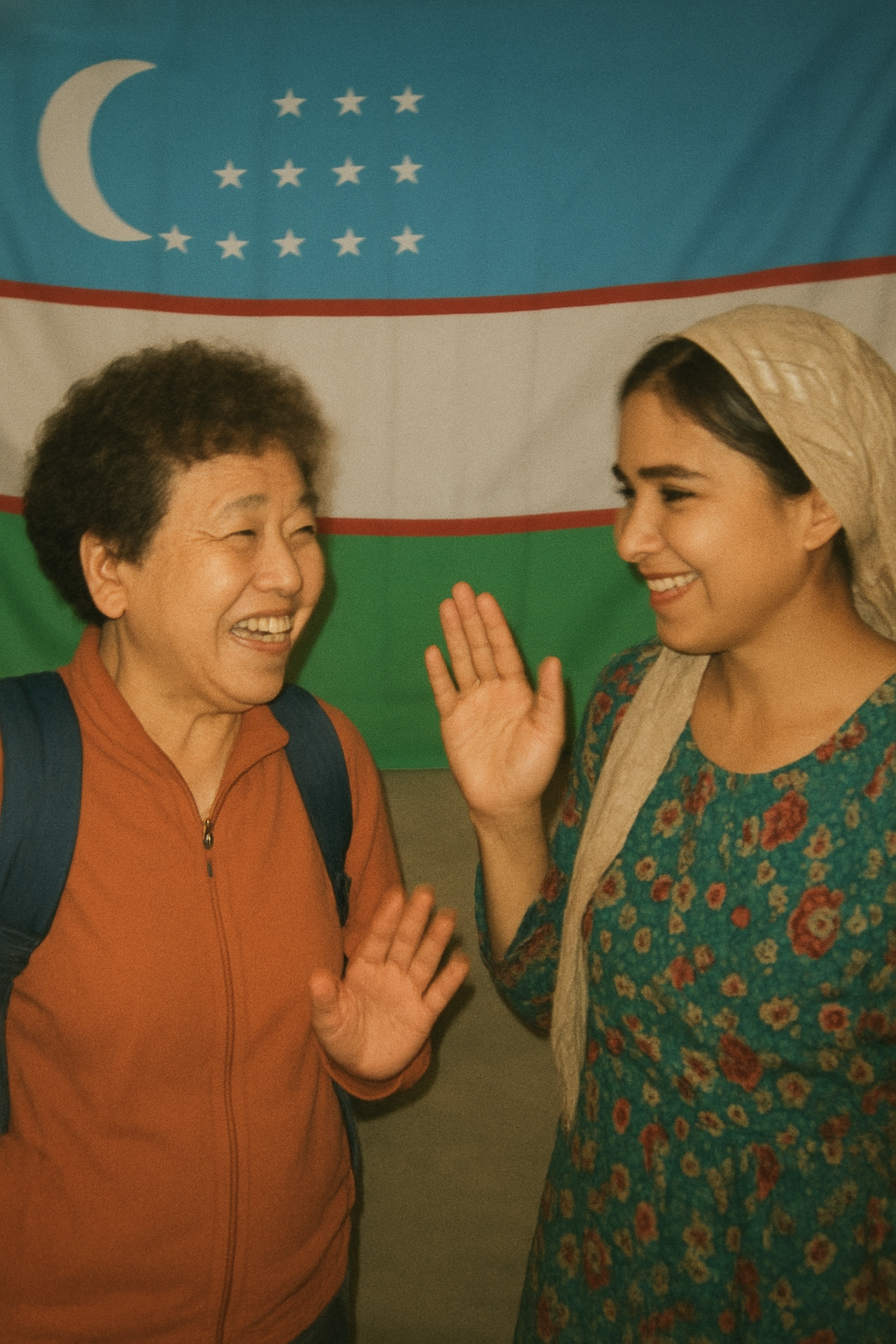 우즈베키스탄 국기를 배경으로 할머니와 현지인 여성이 반갑게 인사한다