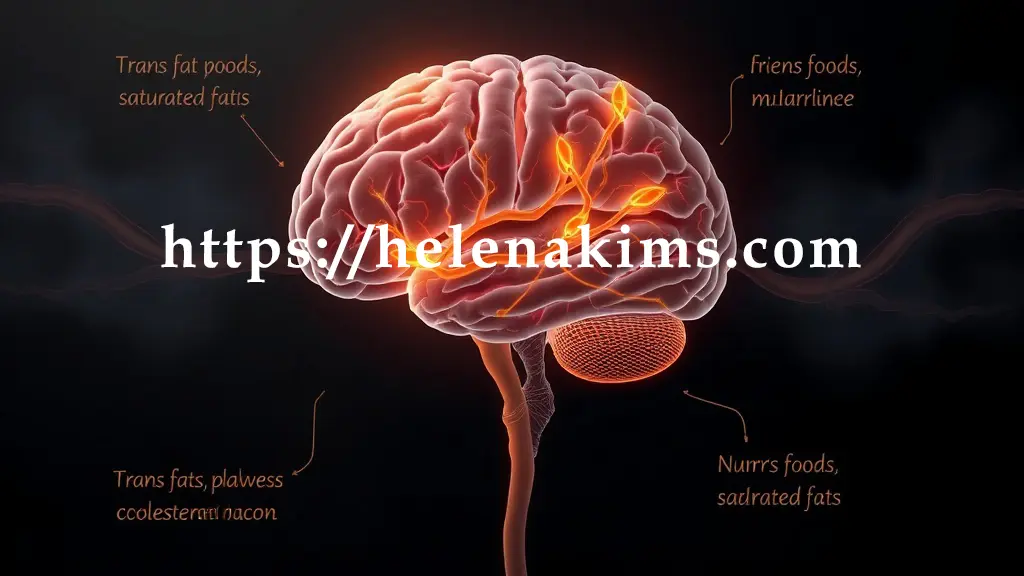 배경 중앙에 인간 뇌의 일부 혈관이 콜레스테롤 플라크와 혈전으로 인해 탁한 노란색, 회색빛 형태로 좁아지거나 완전히 막혀 있는 모습