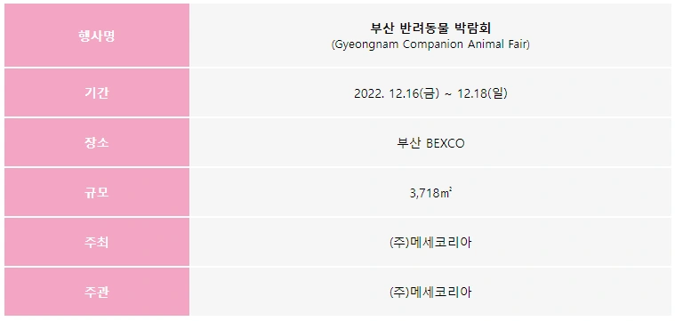 2022 부산 반려동물 박람회 전시개요 표