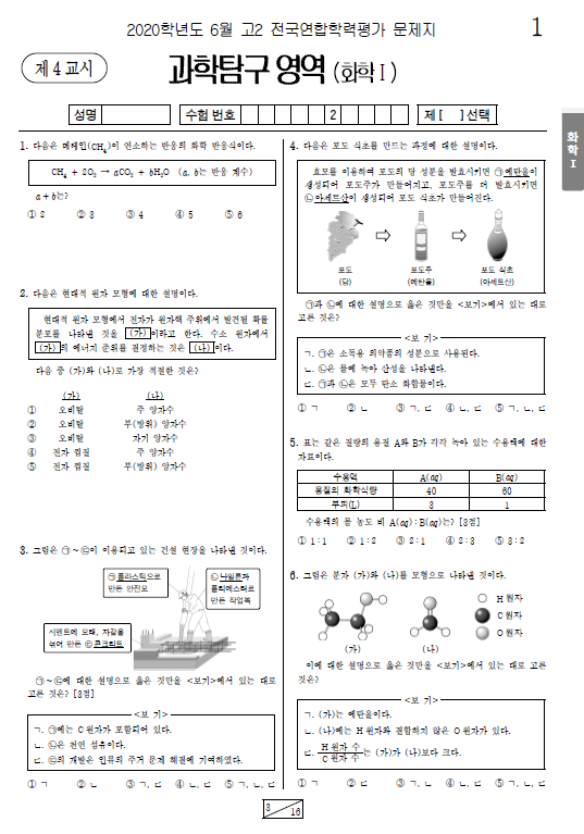 2020-6월-고2-모의고사-화학 1-기출문제-다운