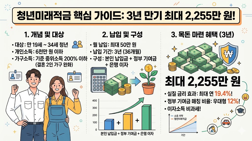 청년미래적금 핵심 가이드를 정리한 인포그래픽 이미지. 상단에는 '3년 만기 최대 2,255만 원!'이라는 메인 타이틀이 적혀 있습니다. 내용은 크게 세 부분으로 나뉩니다.
1. 개념 및 대상: 만 19세에서 34세 청년을 대상으로 하며 개인소득 6천만 원 이하, 가구소득 기준 중위소득 200% 이하(결혼 2인 가구 완화) 조건이 명시되어 있고 청년 남녀 일러스트가 그려져 있습니다.
2. 납입 및 구성: 월 최대 50만 원 납입, 납입 기간 3년(36개월)이며 본인 납입금과 정부 기여금, 은행 이자가 합산되어 자산이 우상향하는 그래프와 계산기, 적금통과 새싹 일러스트가 포함되어 있습니다.
3. 목돈 마련 혜택: 3년 만기 시 최대 2,255만 원 수령이 가능하며, 실질 금리 효과 최대 연 19.4%, 우대형 정부 기여금 매칭 비율 12%, 이자소득 비과세 혜택이 설명되어 있습니다. 하단에는 기간에 따른 자산 성장 곡선과 집, 자동차, 학사모 등 미래 목돈 활용처 아이콘이 시각화되어 있습니다.