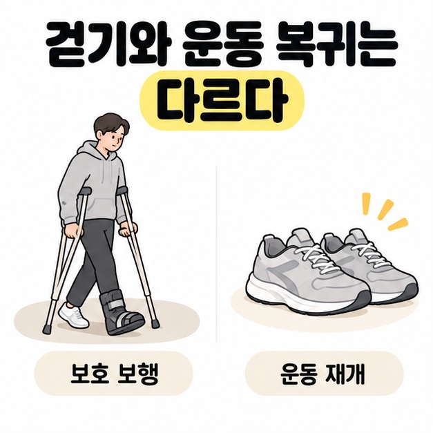 걷기와 운동 복귀는 다르다는 제목 아래 보호용 신발과 목발을 사용하는 사람과 운동화 한 켤레를 대비한 그림