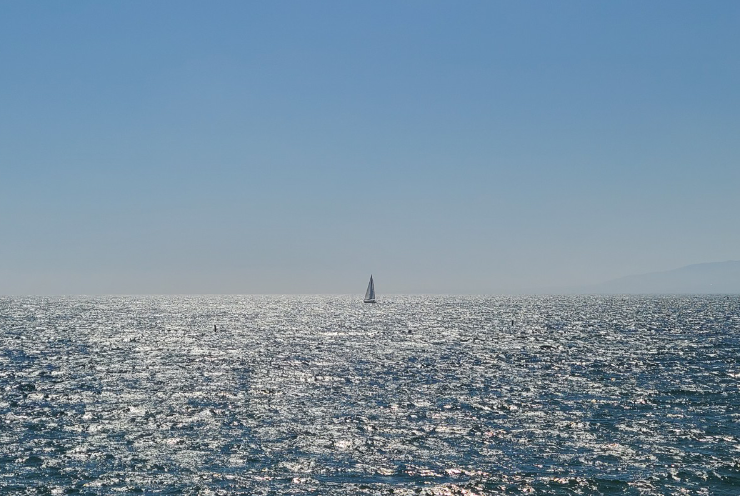 바다 한 가운데 요트가 한 대 떠 있다. 수평선이 가운데 있고 아래 쪽으로는 햇빛을 반사하는 바다, 위로는 맑은 하늘이 보인다.