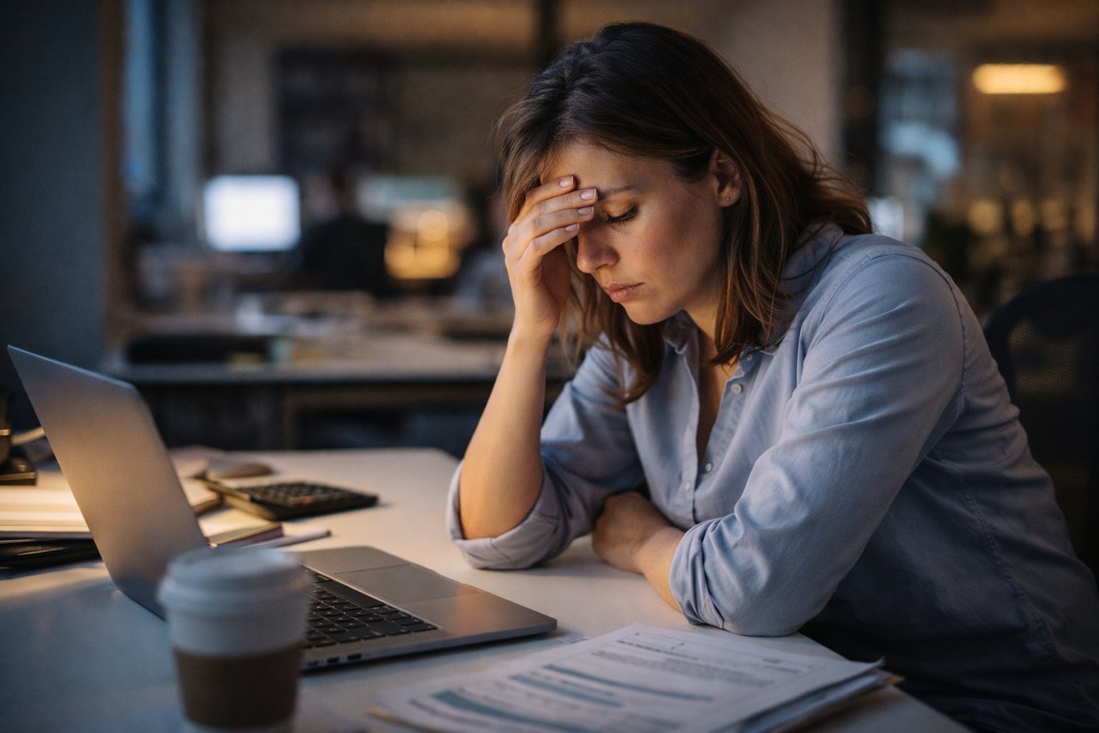 업무로 지친 사람이 책상에서 머리를 짚고 있는 모습