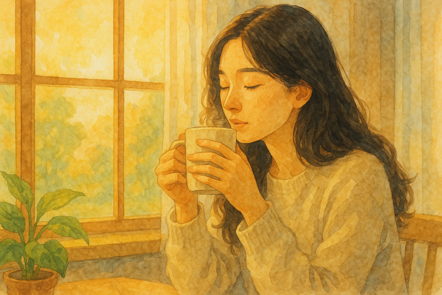 창문 옆의 아침 차 한잔