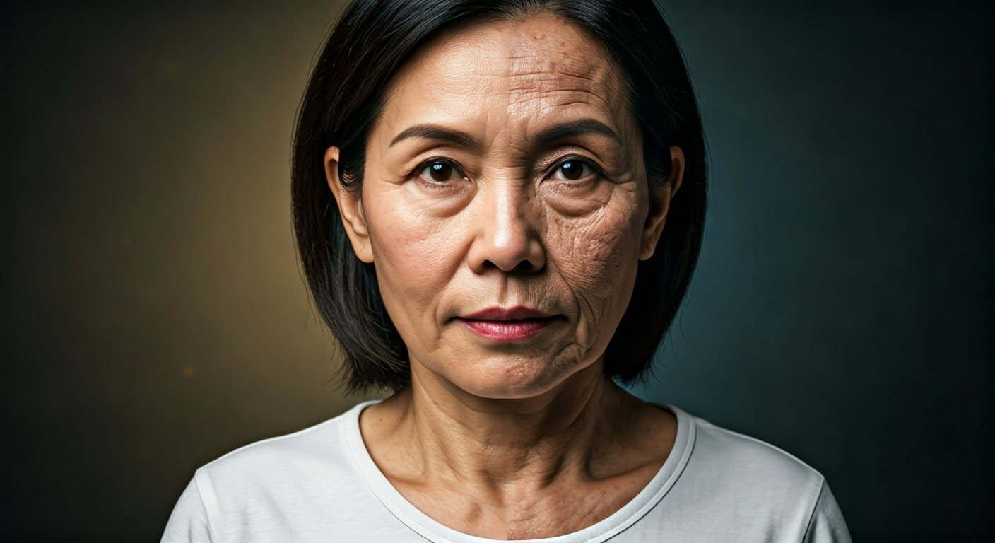 중년 여성의 얼굴을 반으로 나눠 한쪽은 건강하고 생기 있는 모습, 다른 쪽은 주름지고 노화된 모습으로 표현.