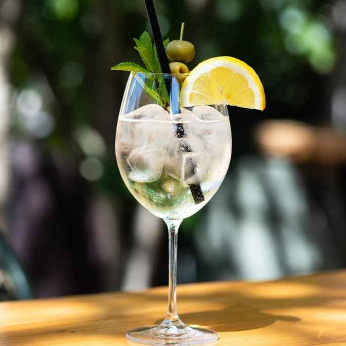 레몬과 민트로 장식된 시원하고 투명한 스프리츠 비앙코 완성 사진