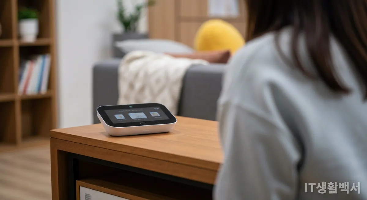 거실 테이블에 놓인 세련된 AI 허브 기기
