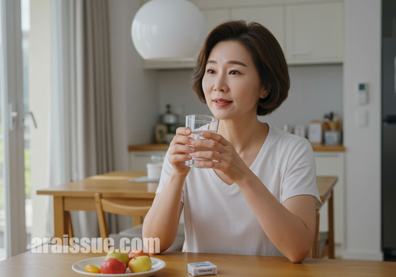 식탁에서 비타민을 물과 함께 섭취하는 50대 한국 여성. 현대적이고 미니멀한 디자인의 거실 배경에서 안전한 섭취법을 강조합니다.