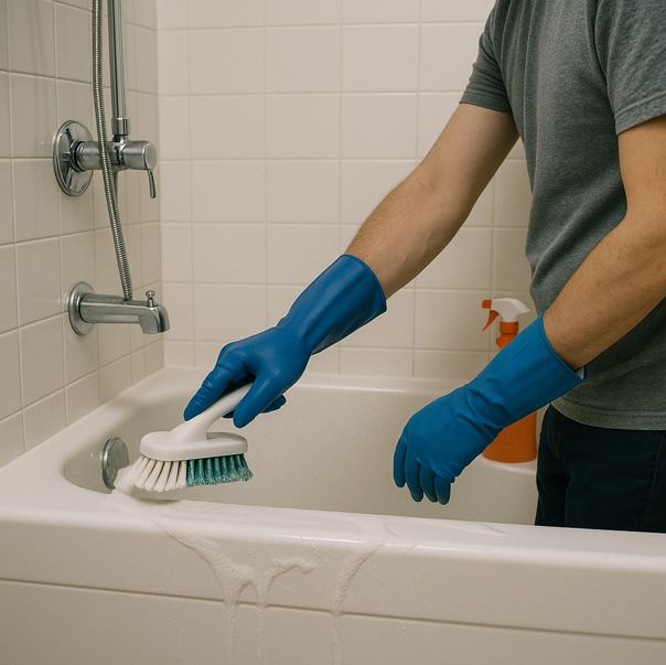 솔을 들고 욕실을 청소하고 있다