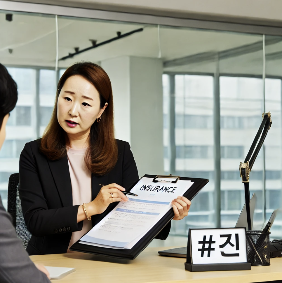 사무실에서 건강 및 안전 담당자가 보험 커버리지에 대한 세미나를 제공