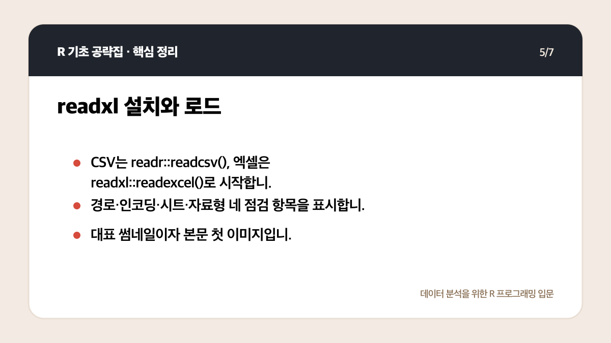 R CSV 엑셀 불러오기: readr·readxl로 오류 없이 읽는 법 핵심 정리 5