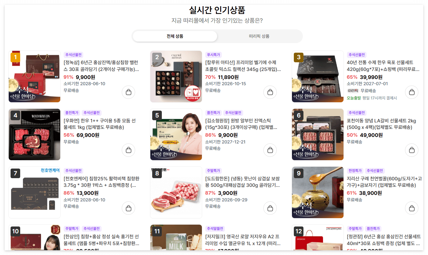 떠리몰, 실제 할인 상품 예시 캡처