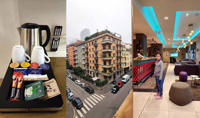 객실에 구비되어있는 차들, 호텔 우리 객실에서 내려다본 밀라노의 아침거리, NXY 밀라노 호텔 로비에서.