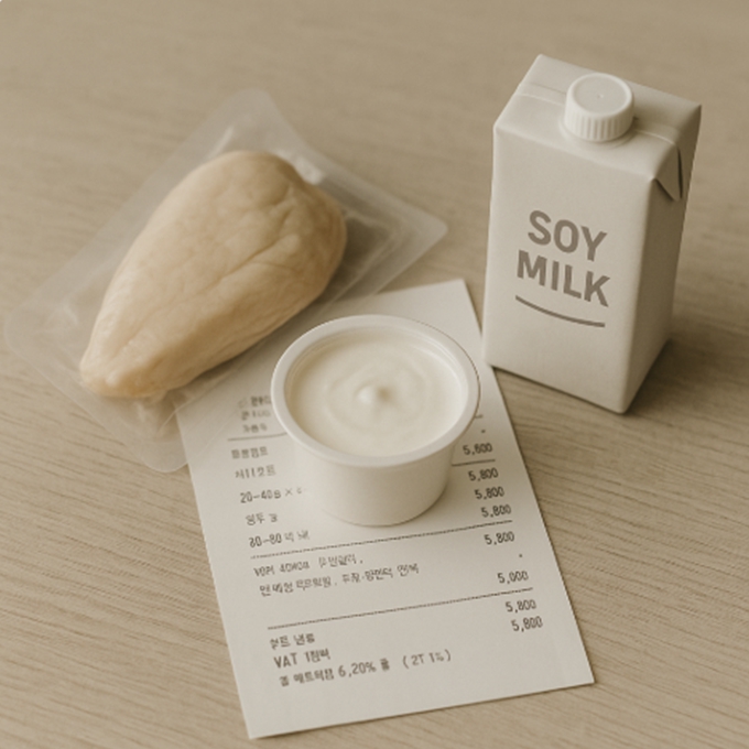 편의점 영수증과 함께 고단백 제품들이 놓여 있어 오늘 산 품목을 보여줌.