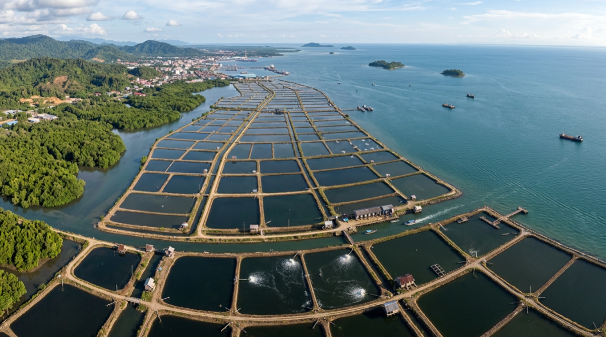 메건 홀딩스 주가 전망 관련 이미지(말레이시아 사바주 타와우 연안 새우 양식장 전경)